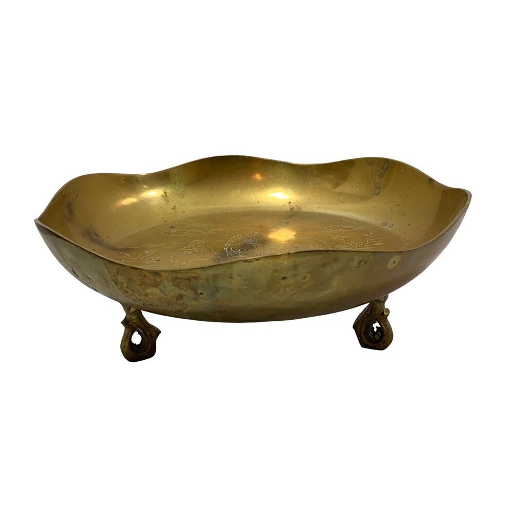 Vintage Brass Footed Bowl Chinese Oriental Engraved Scene Men Horse Marked Decor